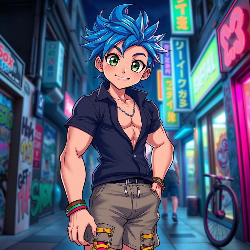 A twunk anime boy with a muscular build, featuring vibrant blue hair styled in a messy yet attractive way
