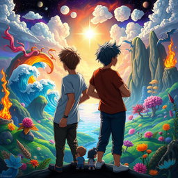 Two teenage boys standing back-to-back, gazing into the distance towards a mystical, colorful, and animated fantasy world