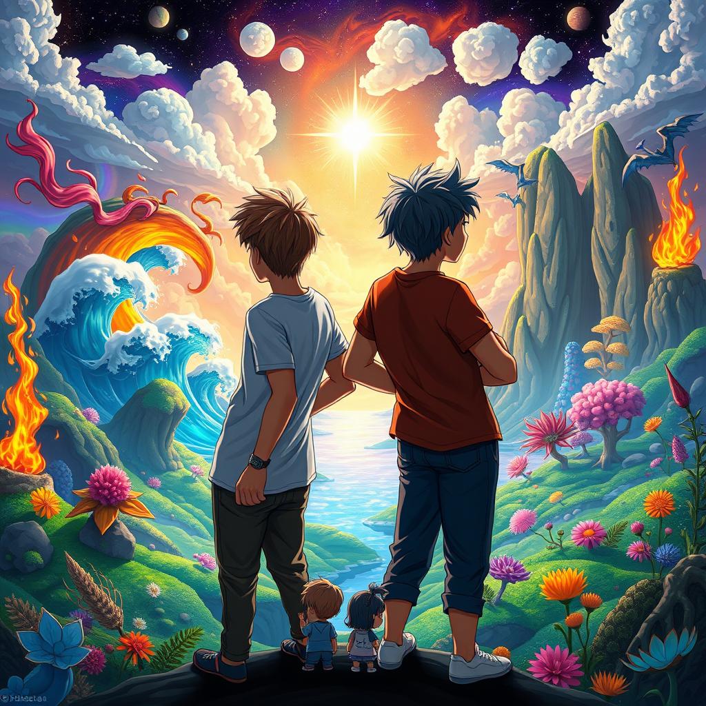 Two teenage boys standing back-to-back, gazing into the distance towards a mystical, colorful, and animated fantasy world