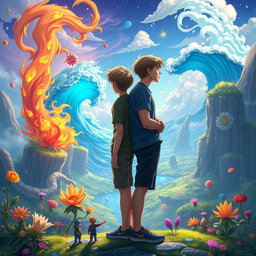 Two teenage boys standing back-to-back, gazing into the distance towards a mystical, colorful, and animated fantasy world
