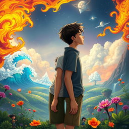 Two teenage boys standing back-to-back, gazing into the distance towards a mystical, colorful, and animated fantasy world