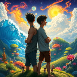 Two teenage boys standing back-to-back, gazing into the distance towards a mystical, colorful, and animated fantasy world