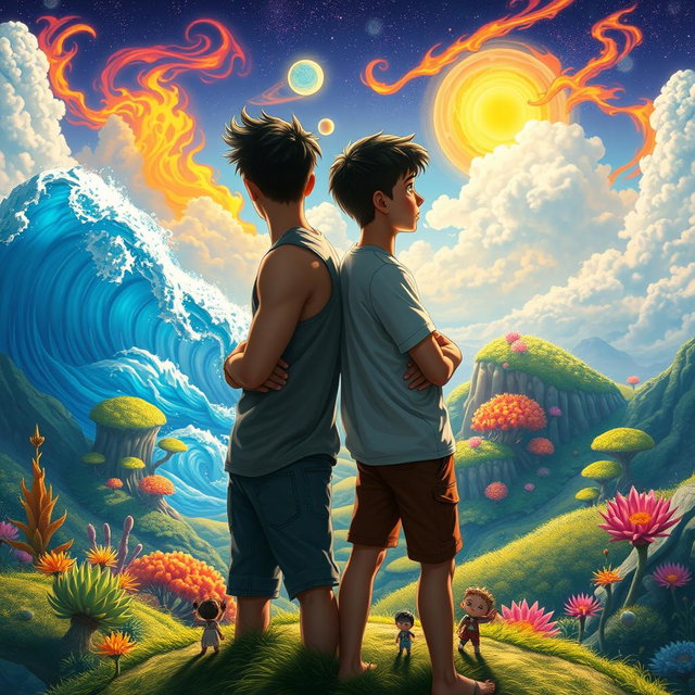 Two teenage boys standing back-to-back, gazing into the distance towards a mystical, colorful, and animated fantasy world