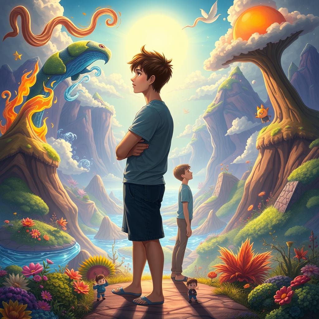 Two teenage boys standing back-to-back, looking into the distance in a mystical, colorful, and animated fantasy world