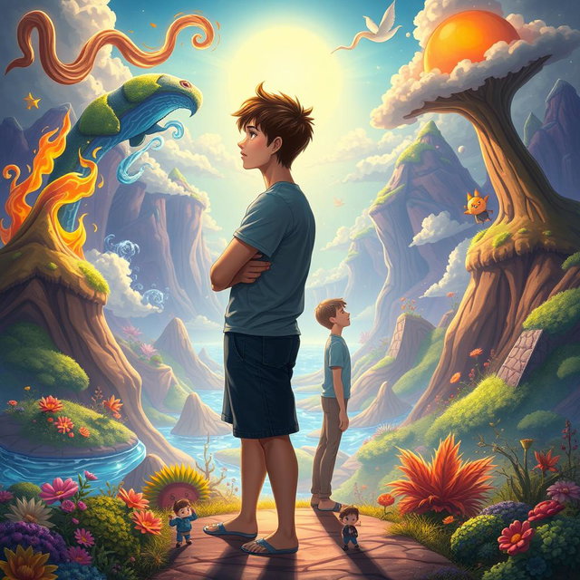 Two teenage boys standing back-to-back, looking into the distance in a mystical, colorful, and animated fantasy world