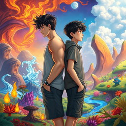 Two teenage boys standing back-to-back, looking into the distance in a mystical, colorful, and animated fantasy world