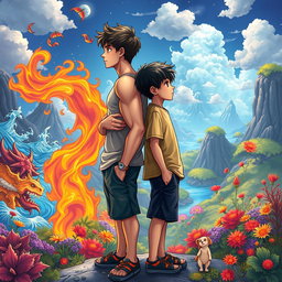 Two teenage boys standing back-to-back, looking into the distance in a mystical, colorful, and animated fantasy world