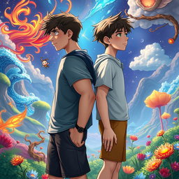 Two teenage boys standing back-to-back, looking into the distance in a mystical, colorful, and animated fantasy world