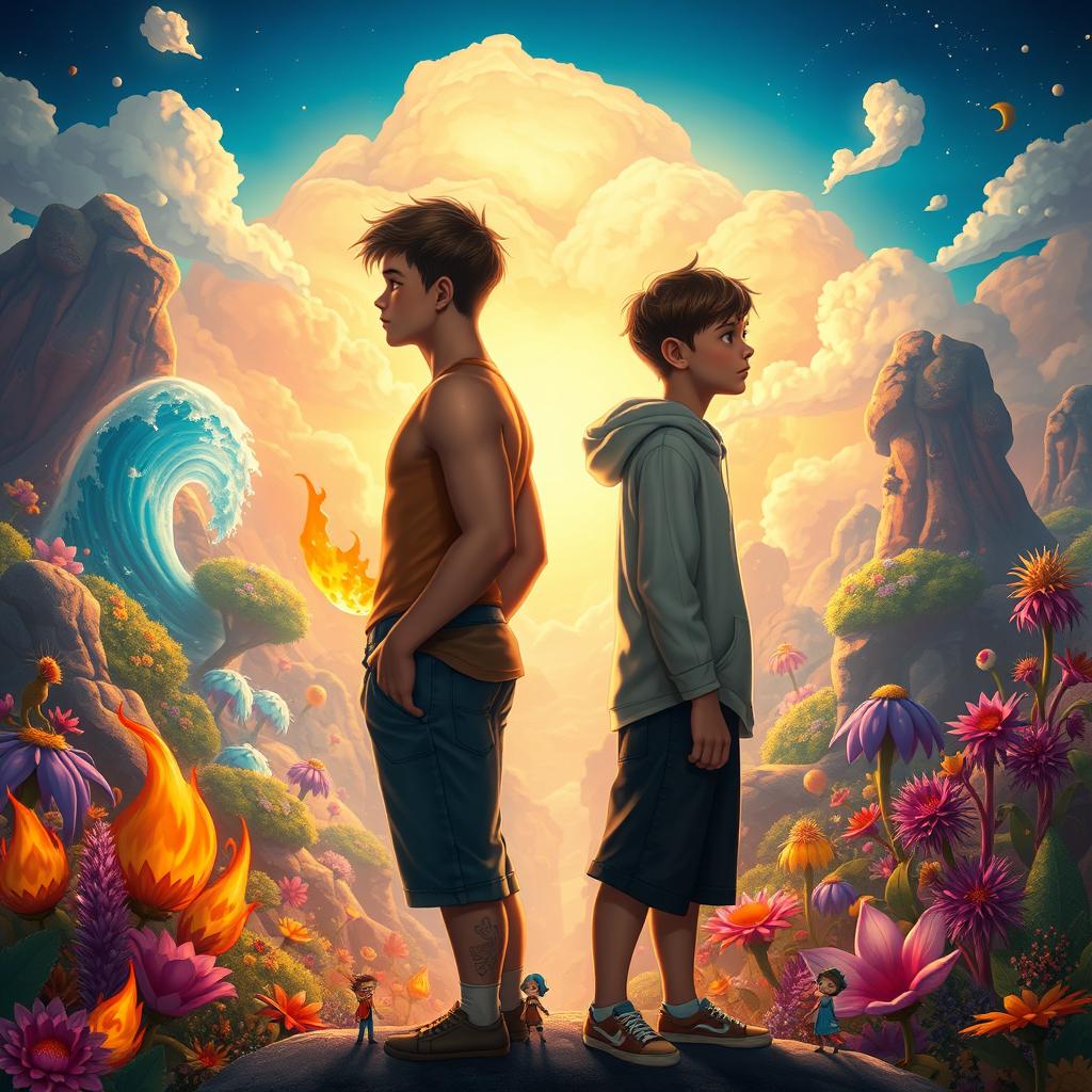 Two teenage boys standing back-to-back, looking into the distance, set against a mystical, colorful, and animated fantasy world