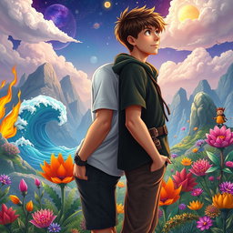 Two teenage boys standing back-to-back, looking into the distance, set against a mystical, colorful, and animated fantasy world