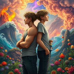 Two teenage boys standing back-to-back, looking into the distance, set against a mystical, colorful, and animated fantasy world
