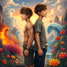 Two teenage boys standing back-to-back, looking into the distance, set against a mystical, colorful, and animated fantasy world