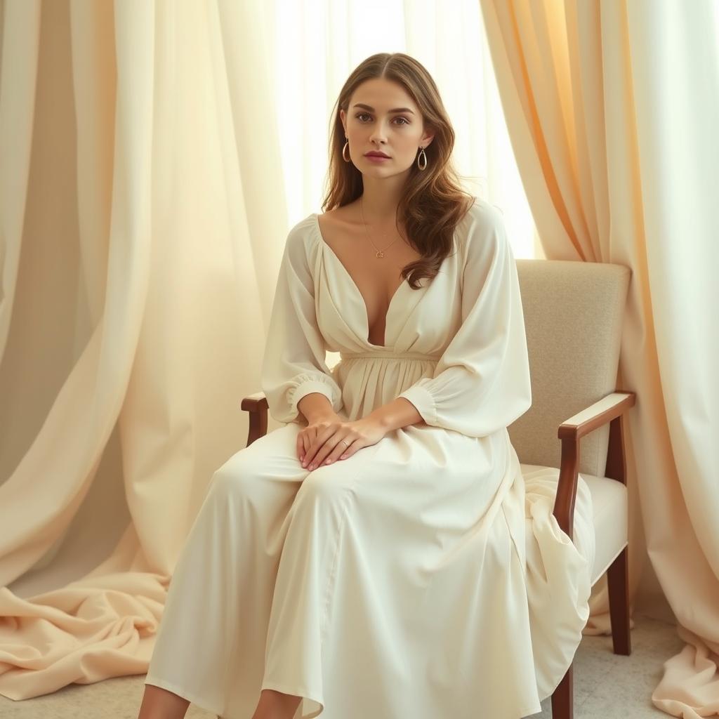 A seated model dressed in a flowy, cream-toned midi dress, adorned with simple gold jewelry