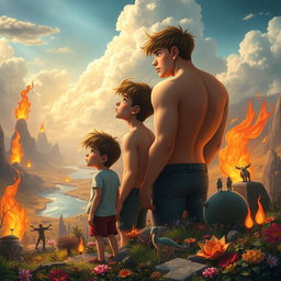 Two teenage boys looking into the distance, set in a mystical, colorful, and animated fantasy world