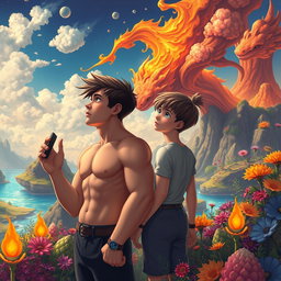 Two teenage boys looking into the distance, set in a mystical, colorful, and animated fantasy world