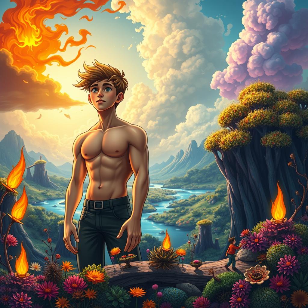 Two teenage boys looking into the distance, set in a mystical, colorful, and animated fantasy world