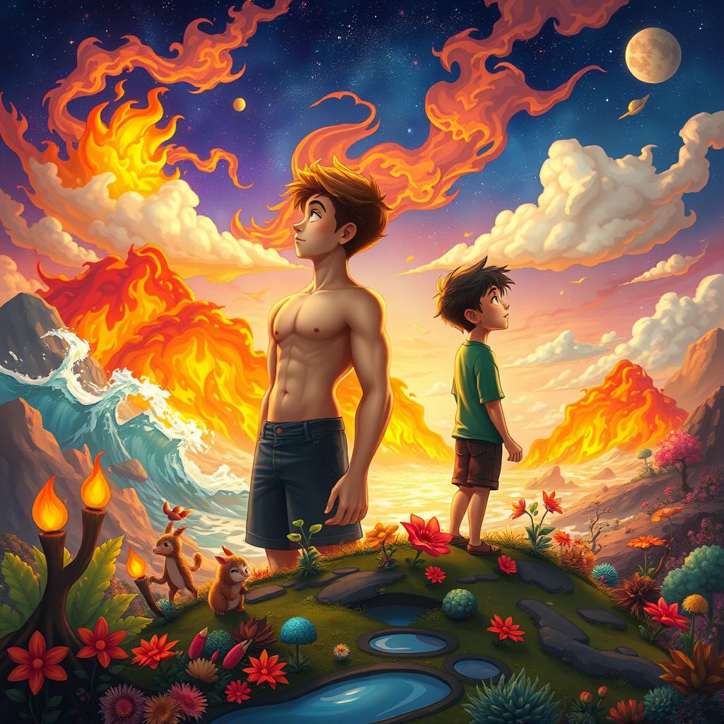 Two teenage boys gazing into the distance, set in a mystical, colorful, and animated fantasy world