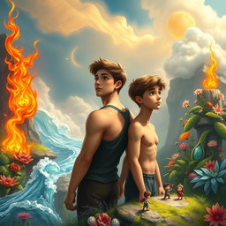 Two teenage boys looking into the distance, one muscular and large, the other smaller and thinner, set within a mystical, colorful, and animated fantasy world