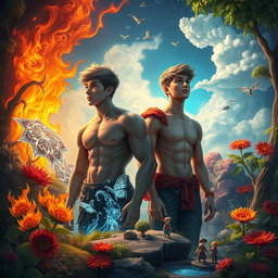 Two teenage boys looking into the distance, one muscular and large, the other smaller and thinner, set within a mystical, colorful, and animated fantasy world