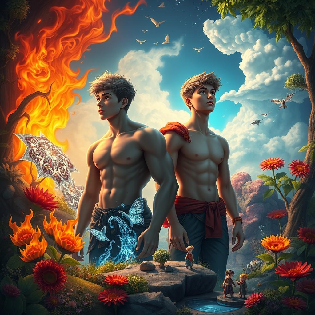 Two teenage boys looking into the distance, one muscular and large, the other smaller and thinner, set within a mystical, colorful, and animated fantasy world