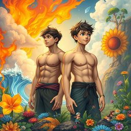 Two teenage boys looking into the distance, one muscular and large, the other smaller and thinner, set within a mystical, colorful, and animated fantasy world