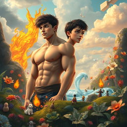 Two teenage boys looking into the distance, one muscular and large, the other smaller and thinner, set within a mystical, colorful, and animated fantasy world