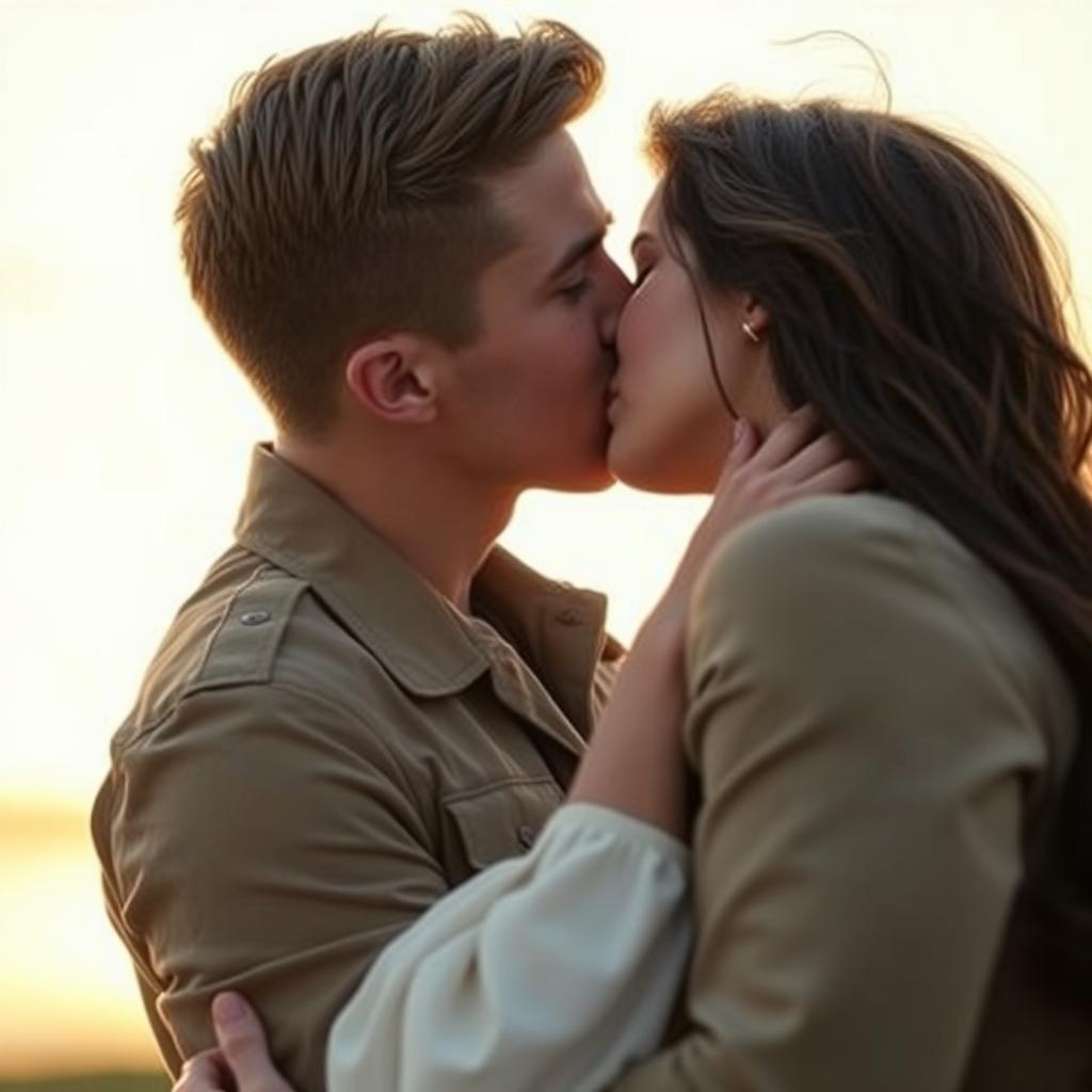 A strong young military man with brown hair passionately kissing a young woman with dark brown hair