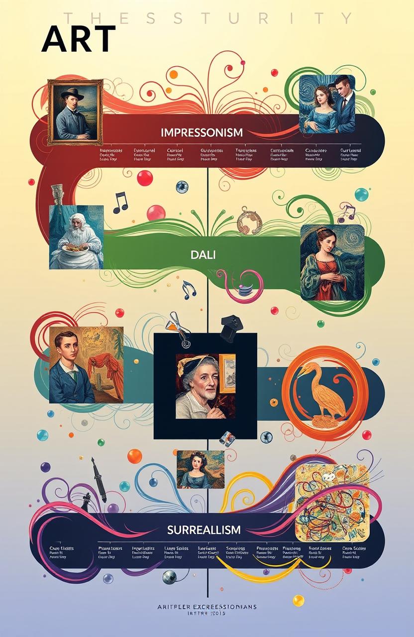 An engaging and colorful representation of various art movements throughout history, showcasing key styles such as Impressionism, Cubism, Surrealism, and Abstract Expressionism