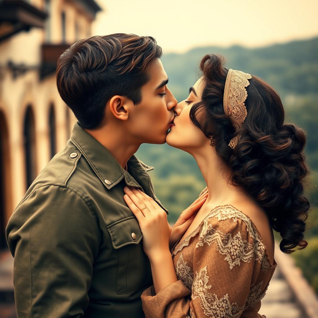 A strong young military man with brown hair passionately kissing a young woman with dark brown hair, set in Brazil during the year 1940