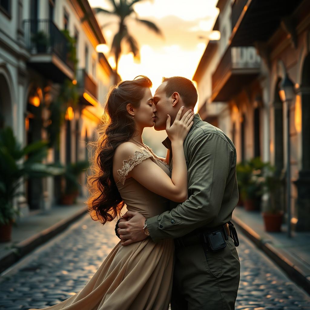 A strong young military man with brown hair passionately kissing a young woman with dark brown hair, set in Paraty, Brazil during the year 1940