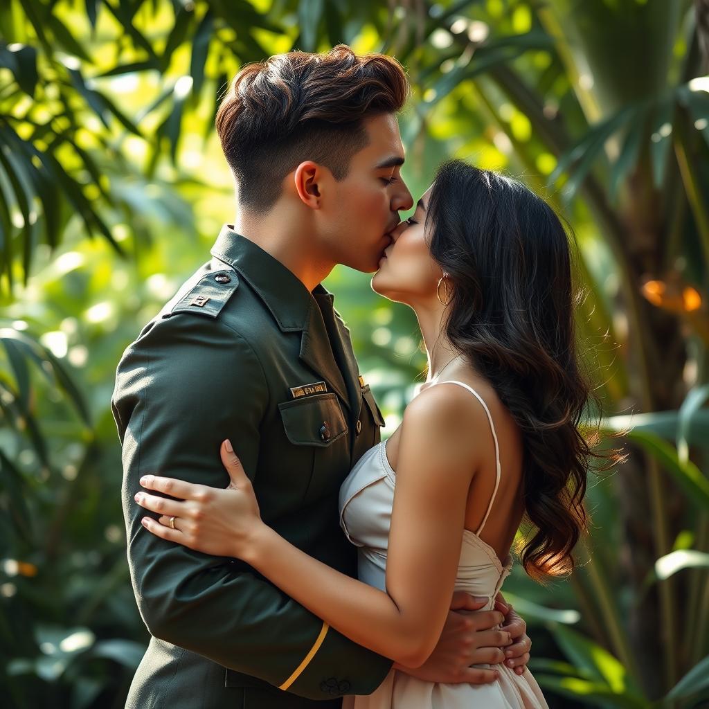 A strong young military man with brown hair passionately kissing a young woman with dark brown hair in a romantic scene set in Brazil