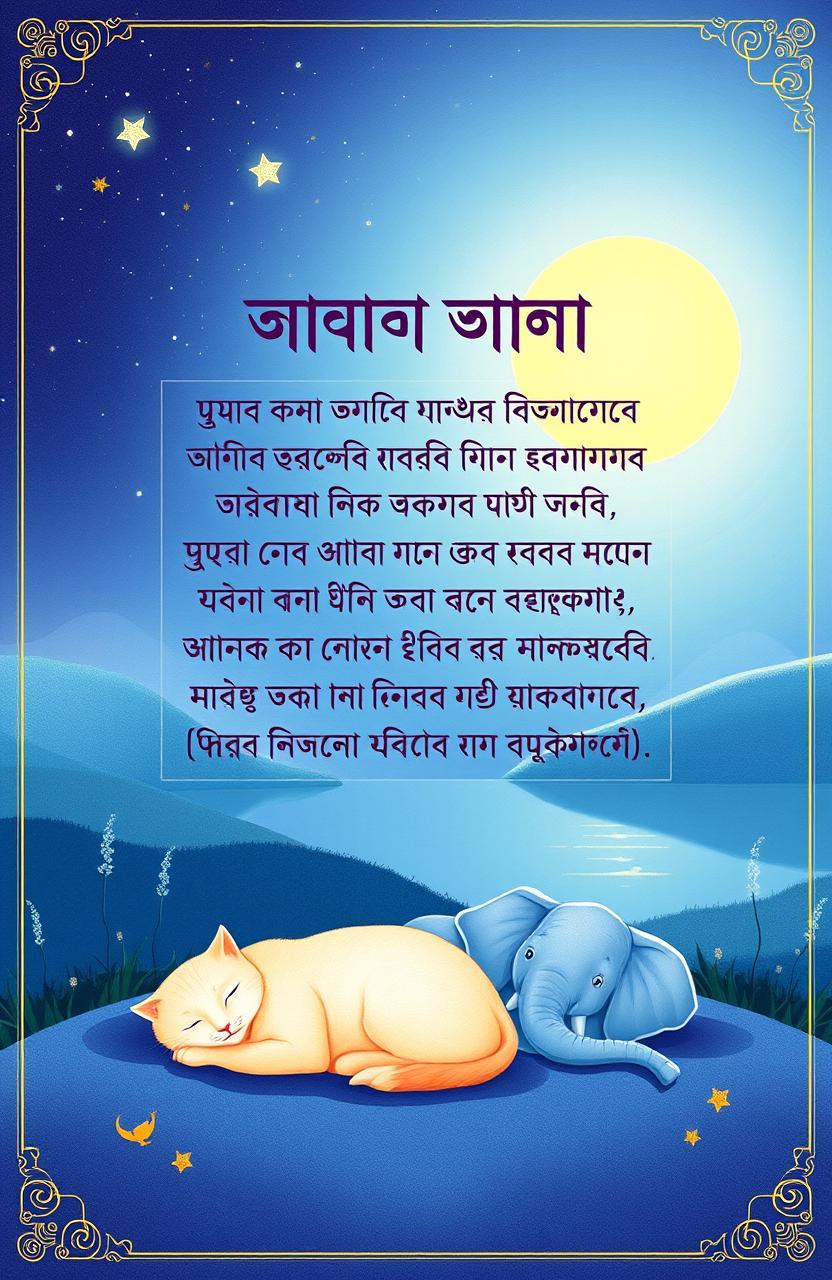 A beautifully illustrated Bengali poem book cover featuring a tranquil scene of a serene night landscape