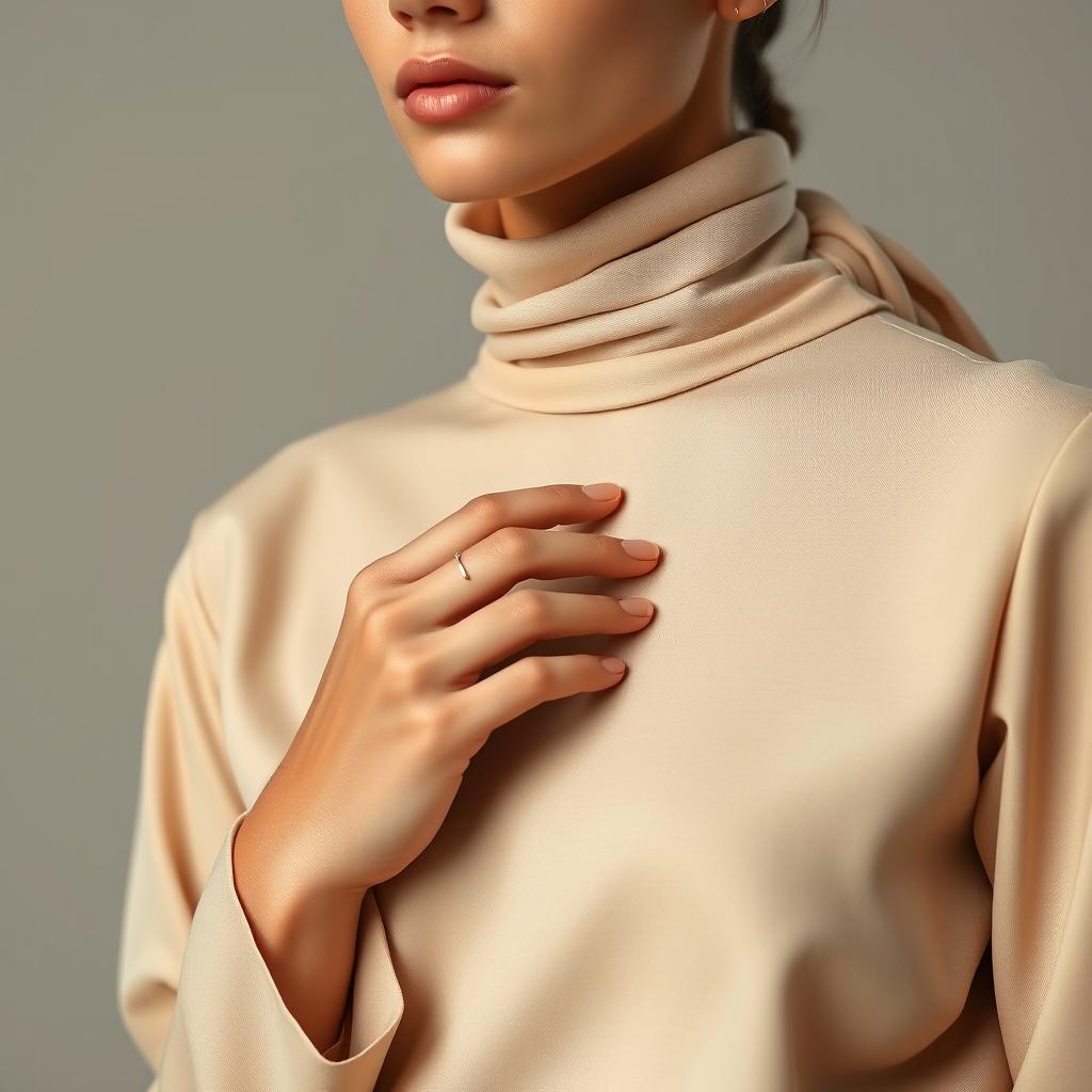 Close-up shot of a model wearing a high-neck blouse with a minimalist design, featuring soft textures and a sleek turtleneck look