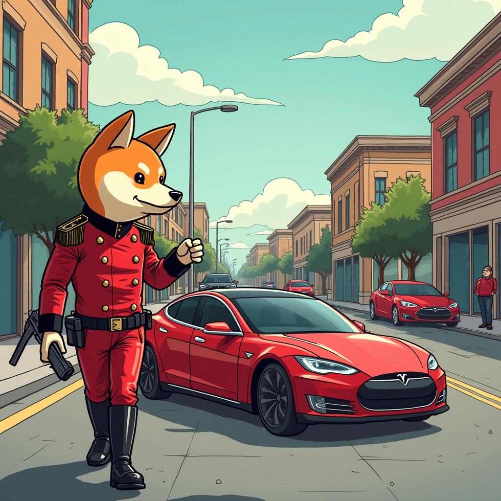 A whimsical and satirical illustration featuring a doge agent, a Shiba Inu styled as a secret agent, wearing a striking red and black military uniform