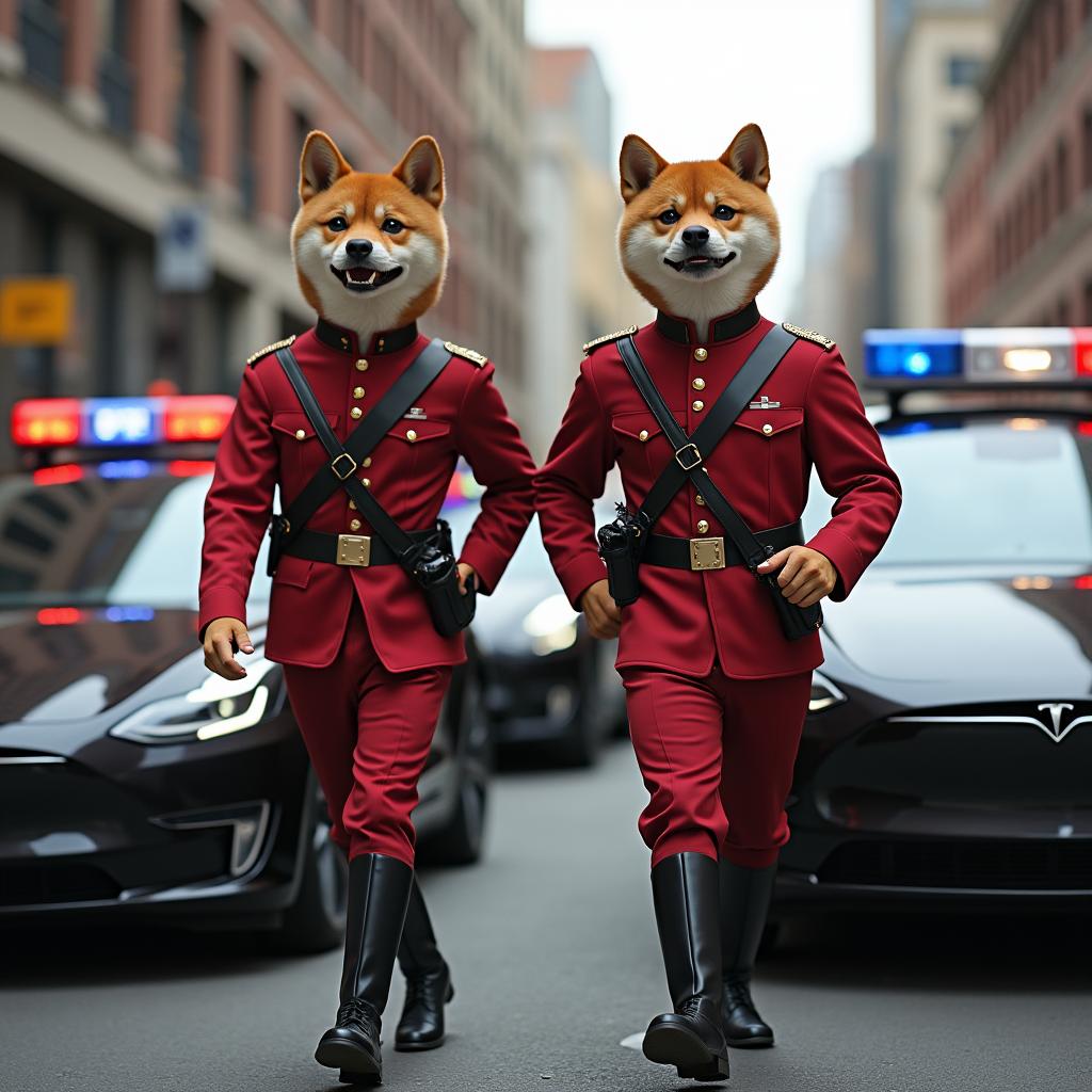 A whimsical yet realistic scene featuring a doge agent, a Shiba Inu dressed in detailed red and black military-style uniforms, playfully arresting normal Americans