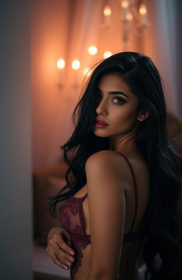 A sensual and intimate scene capturing a beautiful woman in an alluring pose, with a soft focus on her features