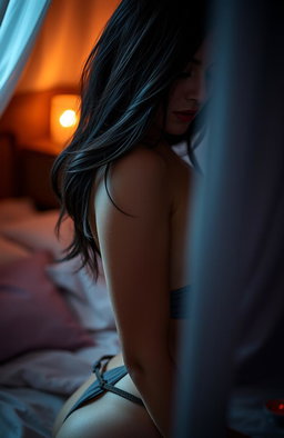 A sensual and intimate scene capturing a beautiful woman in an alluring pose, with a soft focus on her features