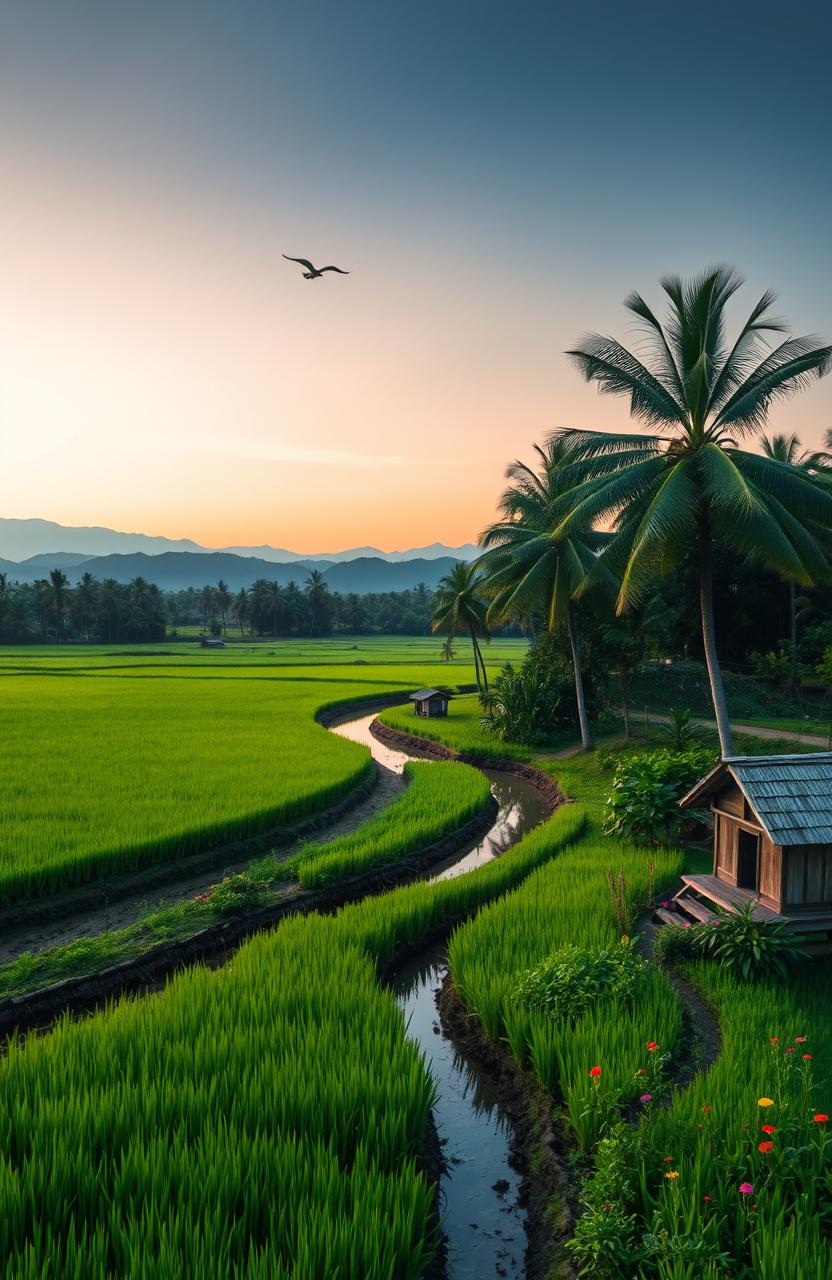 A serene rural landscape in Indonesia, showcasing lush green rice paddies and dark green palm trees under a softly glowing sky at dusk