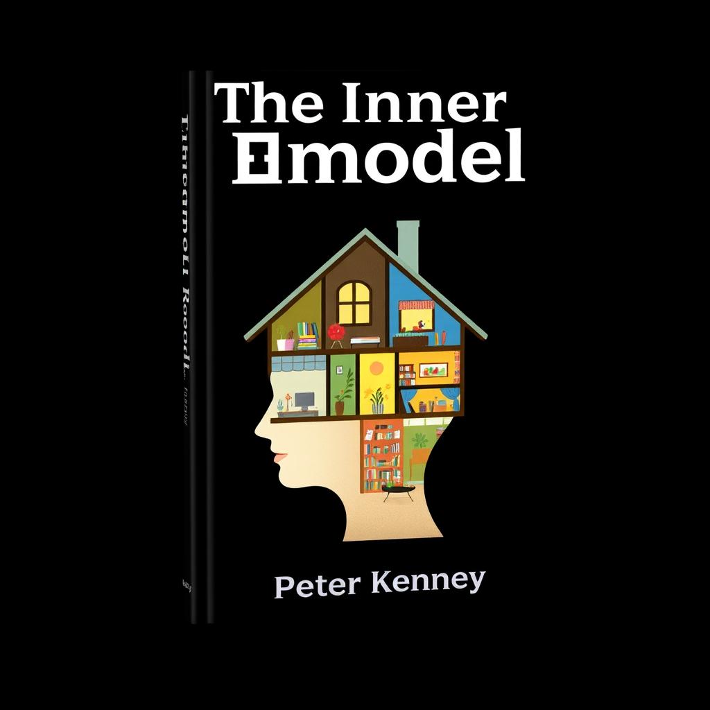 An attractive book cover design featuring a captivating illustration of a house nestled within a human head, each room representing a distinct aspect of life, set against a striking black background