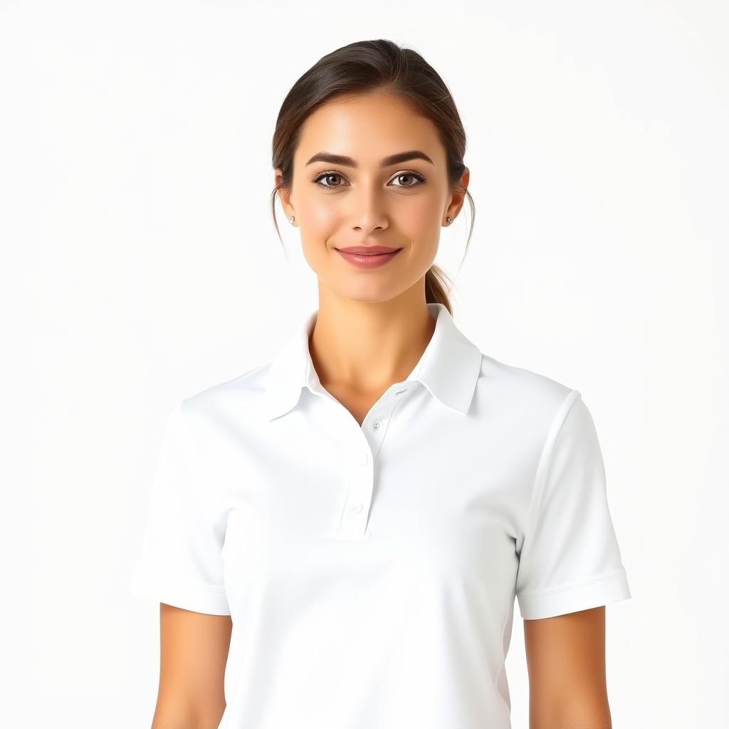 A woman wearing a simple, clean, white plain polo shirt with a collared neckline, standing confidently