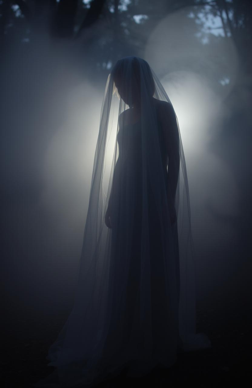 A mysterious and enchanting figure shrouded in a delicate veil, casting an ethereal shadow on the ground