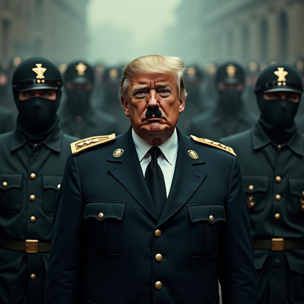 A dystopian scene featuring a US president in a military-style uniform, sporting a distinctive Hitler mustache and resembling the current president
