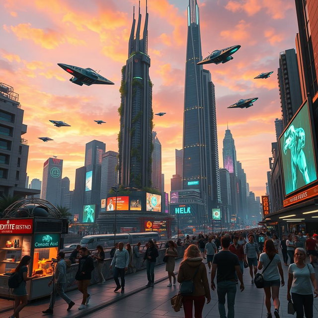 An intricately designed futuristic city landscape at dusk, featuring tall skyscrapers with bright neon lights, flying cars in the sky, and people walking on sidewalks lined with holographic advertisements