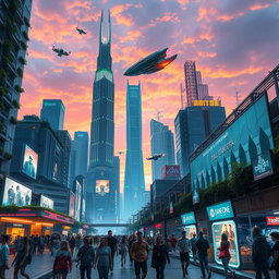 An intricately designed futuristic city landscape at dusk, featuring tall skyscrapers with bright neon lights, flying cars in the sky, and people walking on sidewalks lined with holographic advertisements
