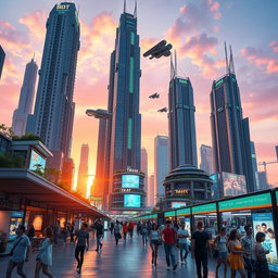 An intricately designed futuristic city landscape at dusk, featuring tall skyscrapers with bright neon lights, flying cars in the sky, and people walking on sidewalks lined with holographic advertisements