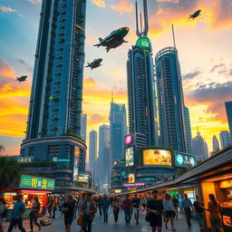 An intricately designed futuristic city landscape at dusk, featuring tall skyscrapers with bright neon lights, flying cars in the sky, and people walking on sidewalks lined with holographic advertisements