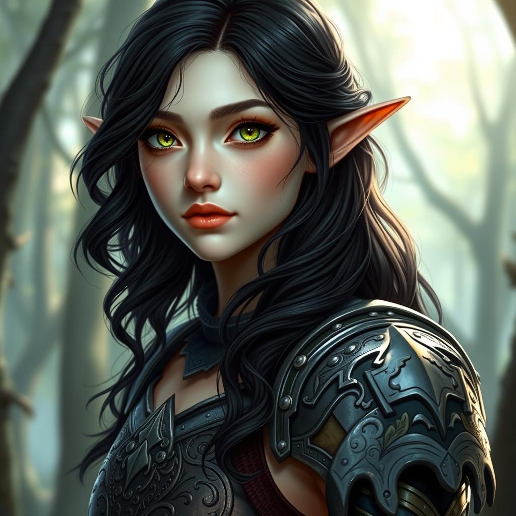 A late teenage female elf with black wavy hair cascading down her shoulders, her pale white skin glowing softly