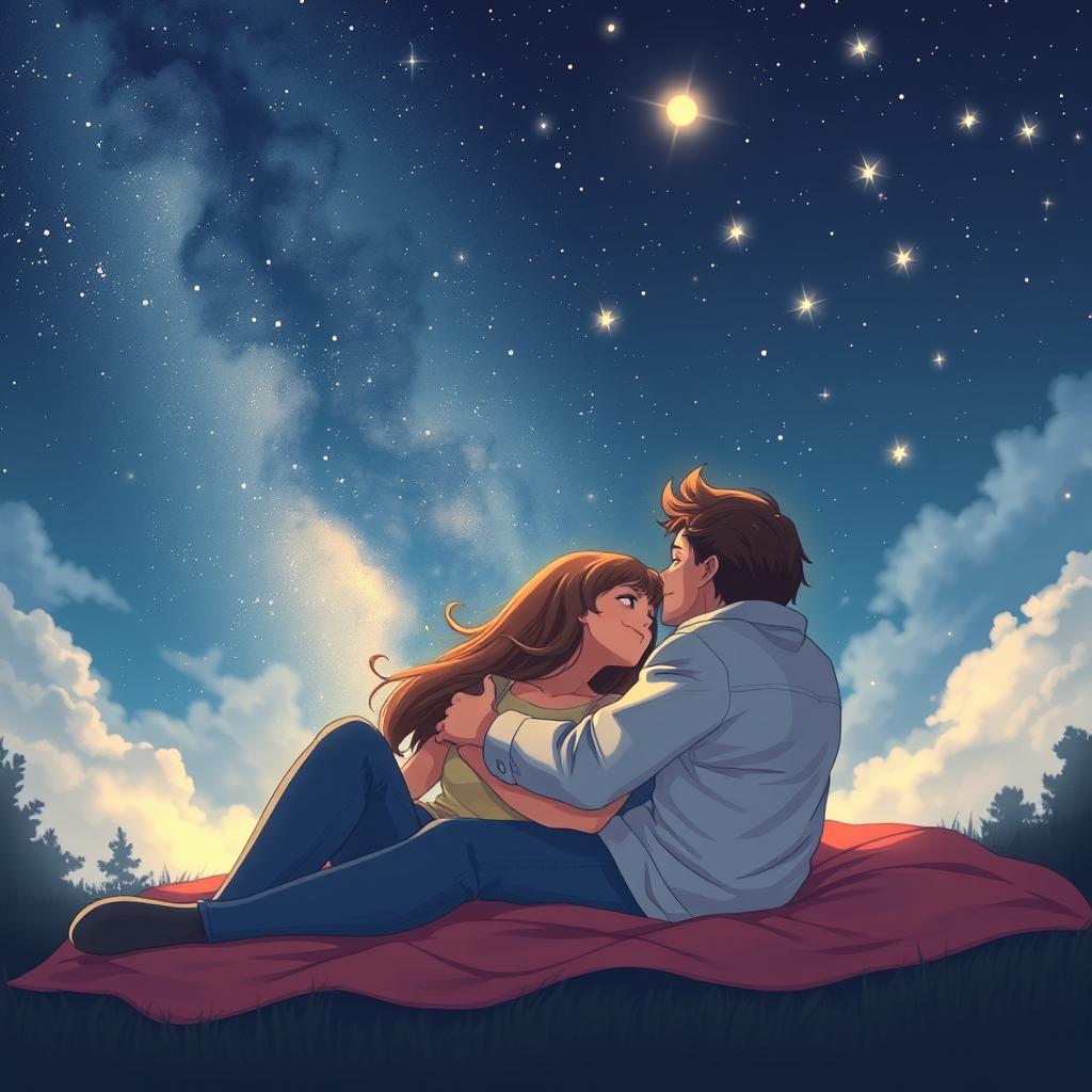 A romantic scene of two lovers lying on a blanket under a starlit sky