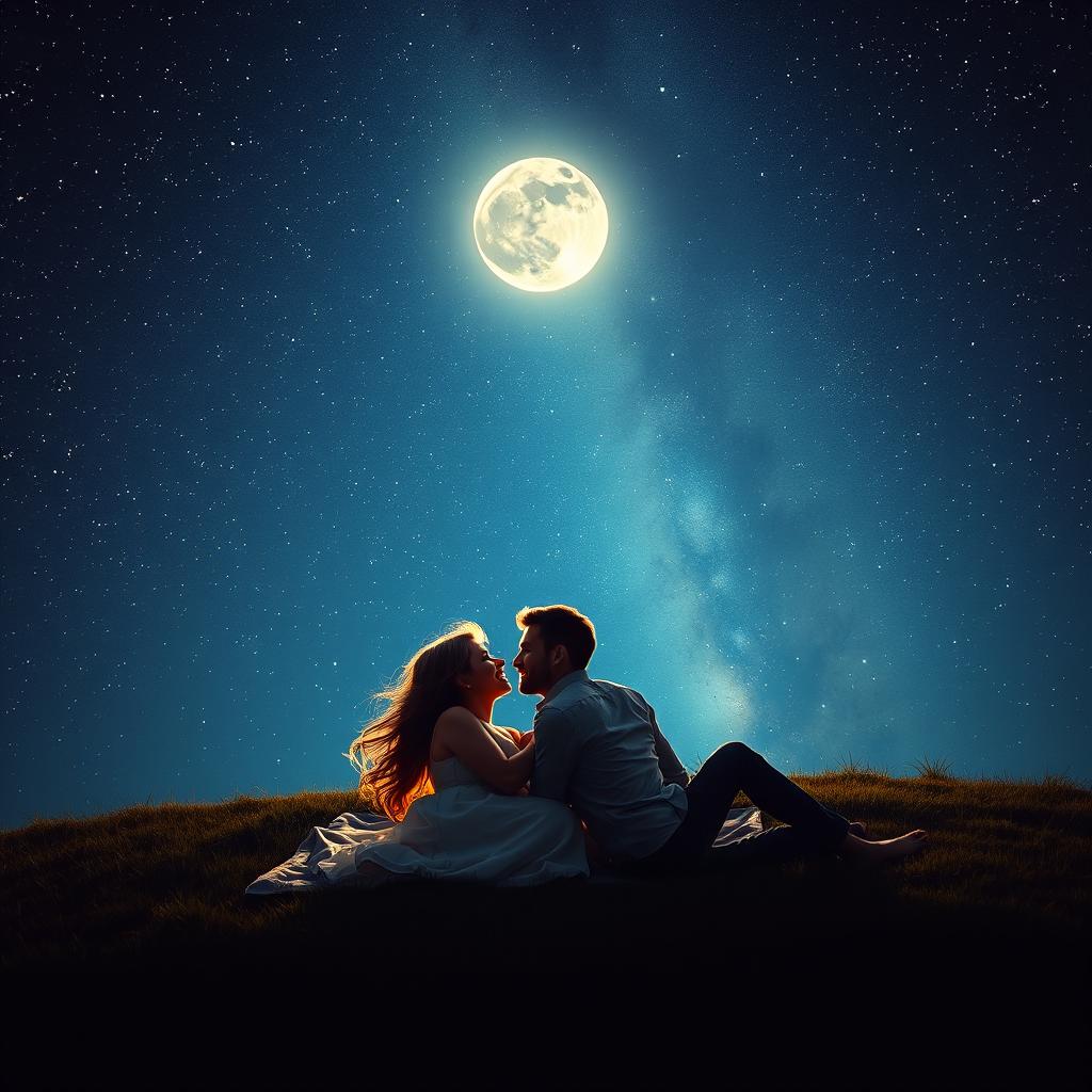 A romantic couple gazing into each other's eyes beneath a breathtaking starry night sky, surrounded by twinkling stars and a glowing moon