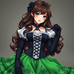 A stunning gothic Victorian maiden anime girl with an hourglass figure, dressed in a tightly laced black corset that perfectly complements a white bodice or chemisette